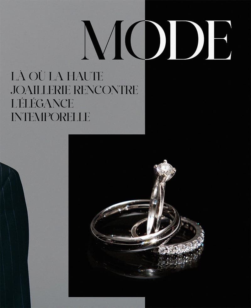 Camellia editorial post, diamond rings beside the headline Mode