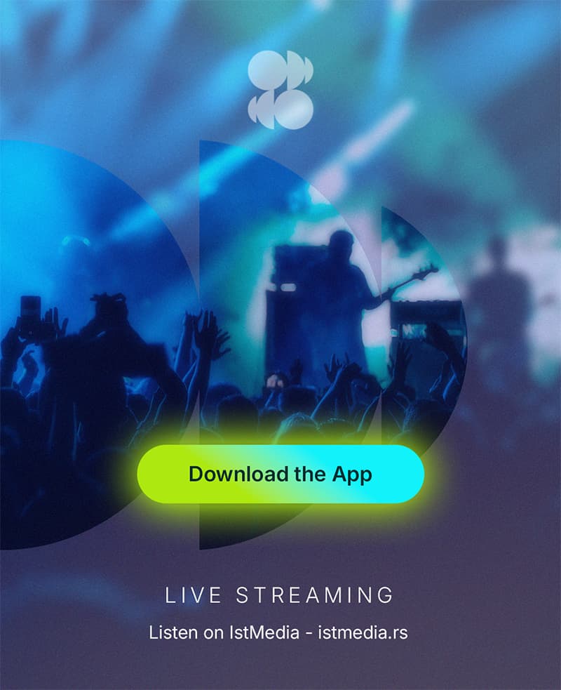 Radio Periskop app post, a download button over a lit stage