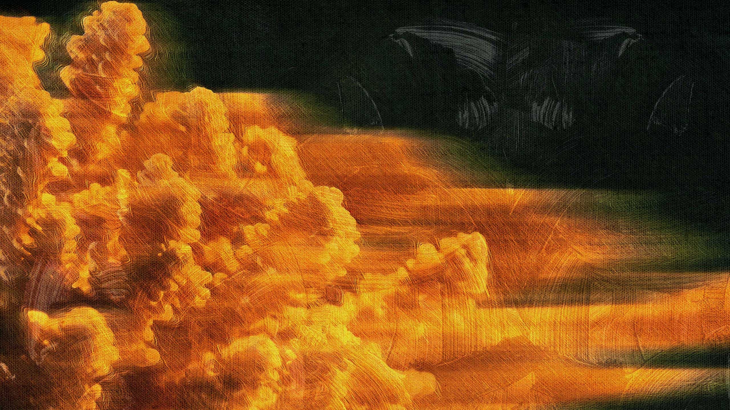 Thick orange paint worked into coral shapes across a near black canvas