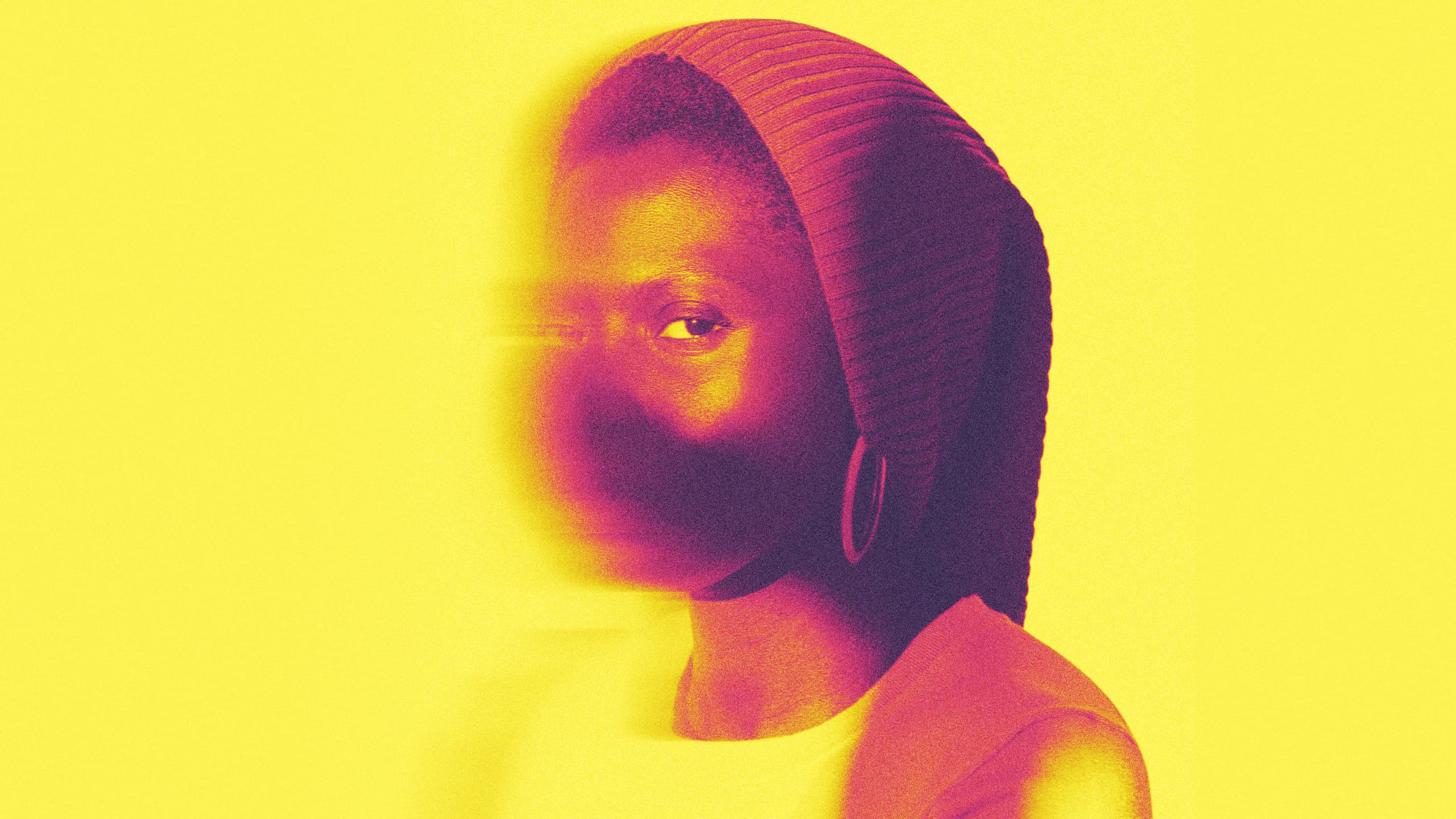 A portrait of a woman in magenta and purple on a bright yellow ground, her face pulled sideways into a blur